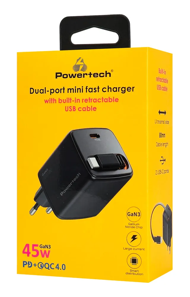 POWERTECH φορτιστής τοίχου PT-1572 με πτυσσόμενο καλώδιο, USB-C, 45W, GaN, μαύρος