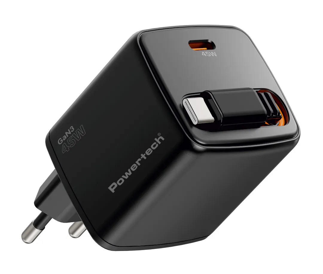 POWERTECH φορτιστής τοίχου PT-1572 με πτυσσόμενο καλώδιο, USB-C, 45W, GaN, μαύρος