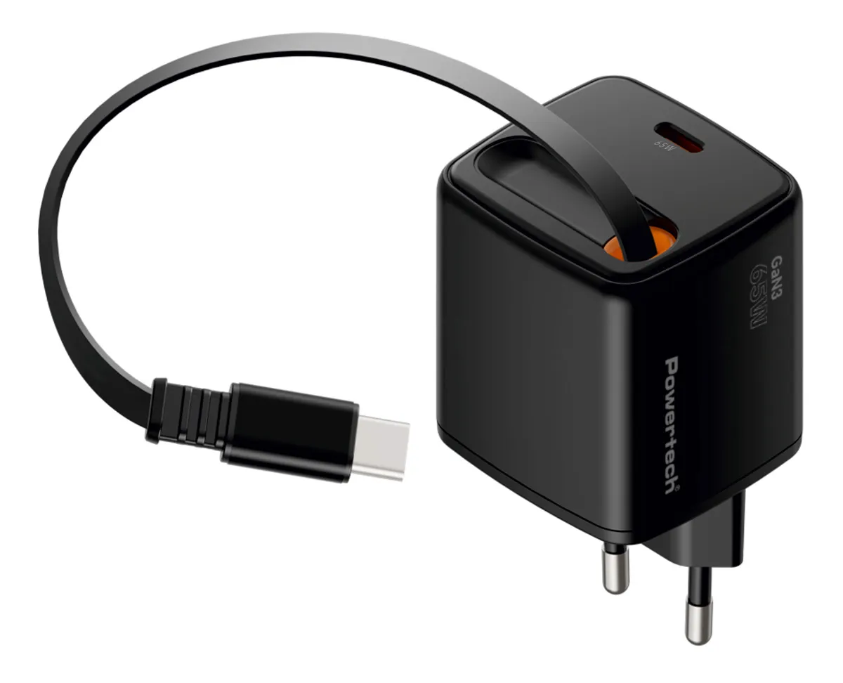 POWERTECH φορτιστής τοίχου PT-1573 με πτυσσόμενο καλώδιο, USB-C, 65W, GaN, μαύρος