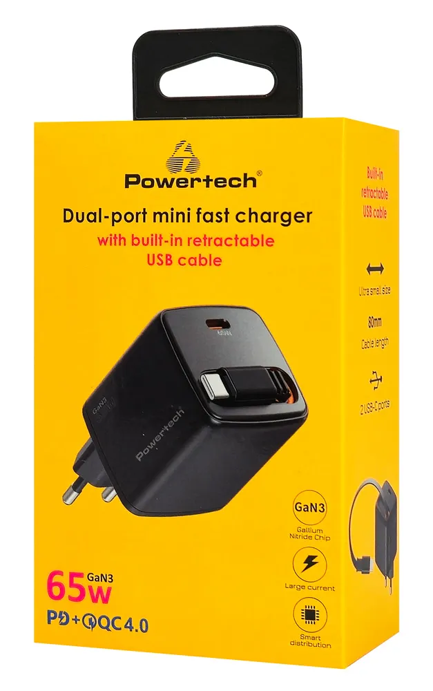POWERTECH φορτιστής τοίχου PT-1573 με πτυσσόμενο καλώδιο, USB-C, 65W, GaN, μαύρος