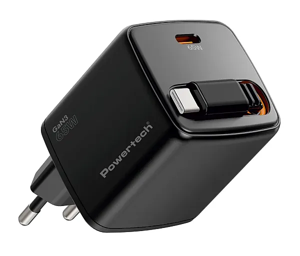 POWERTECH φορτιστής τοίχου PT-1573 με πτυσσόμενο καλώδιο, USB-C, 65W, GaN, μαύρος