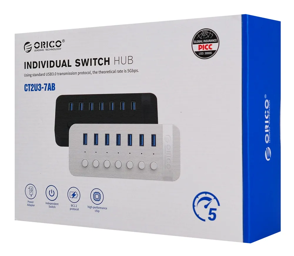ORICO USB hub CT2U3-7AB με διακόπτες, 7x θυρών, USB 3.0, 5Gbps, USB σύνδεση, μαύρο