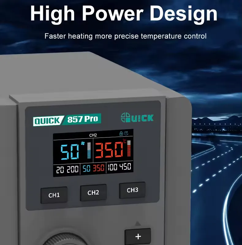 QUICK σταθμός θερμού αέρα QUICK857 Pro με air gun, 580W, 100-500 °C