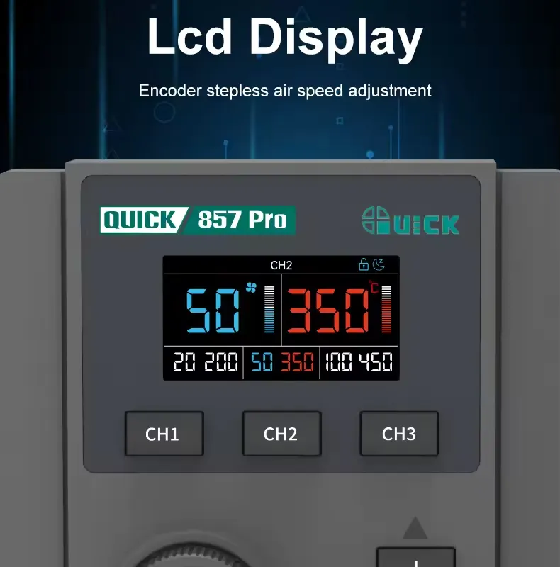 QUICK σταθμός θερμού αέρα QUICK857 Pro με air gun, 580W, 100-500 °C