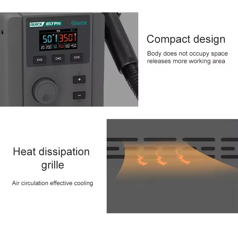 QUICK σταθμός θερμού αέρα QUICK857 Pro με air gun, 580W, 100-500 °C