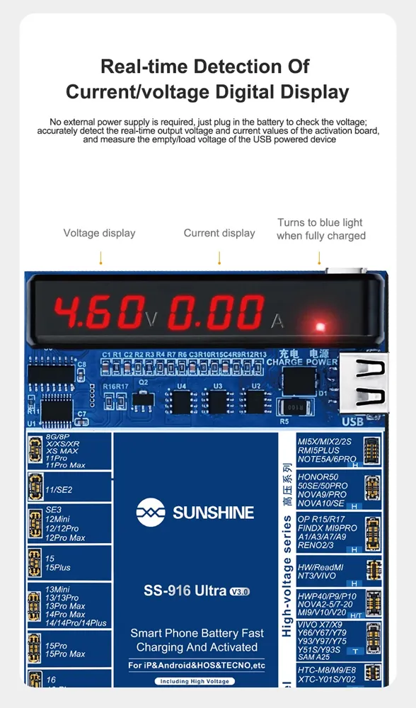 SUNSHINE tester μπαταριών SS-916 Ultra για Apple & Android smartphone, V3.0