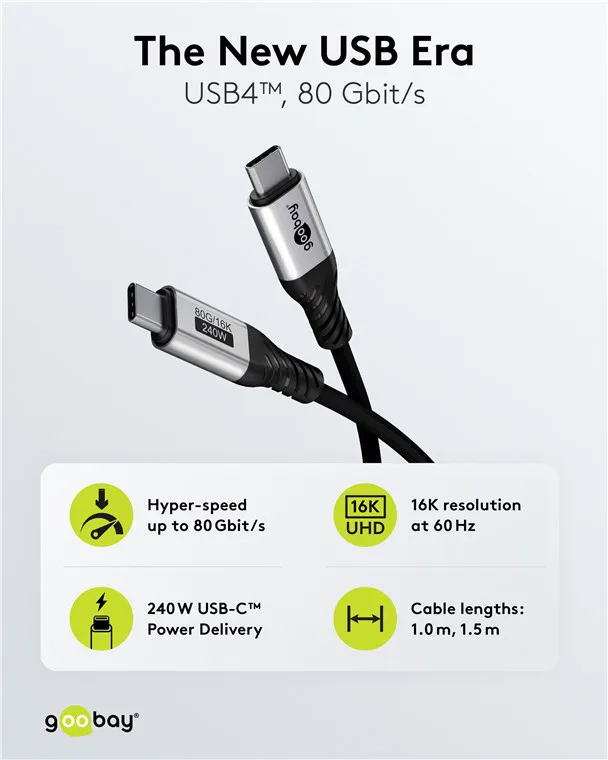 GOOBAY καλώδιο USB-C 74776, USB4, 240W, 80Gbps, 16K/60Hz, 1.5m, μαύρο