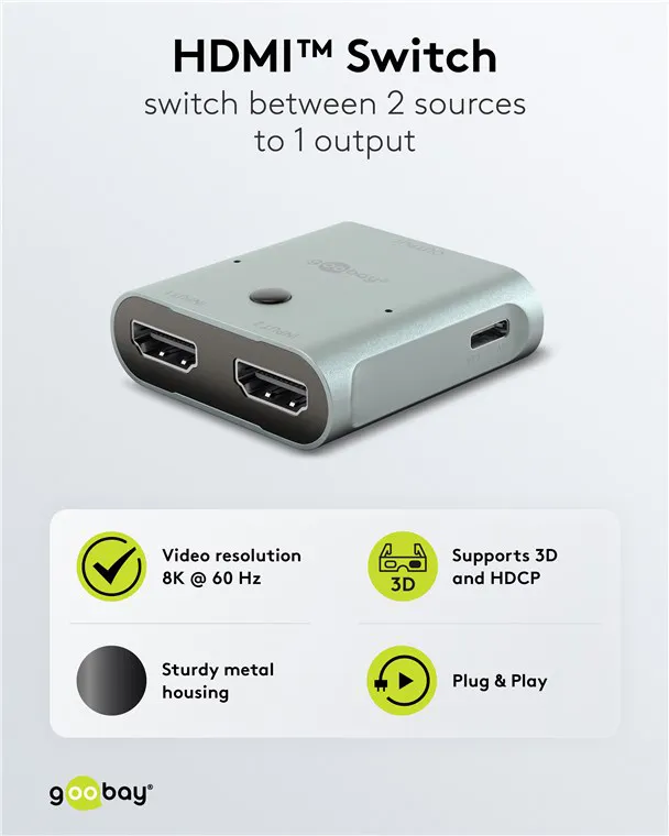 GOOBAY HDMI switch 77791, 2 σε 1, 8K/60Hz, γκρι