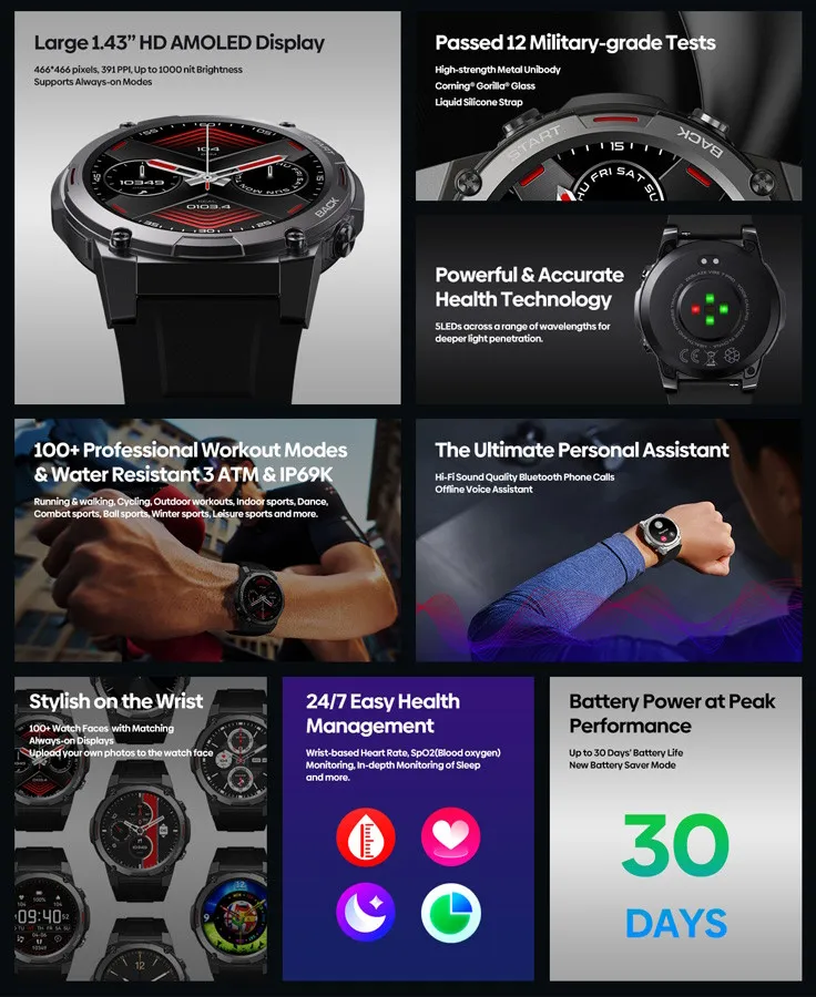 ZEBLAZE smartwatch Vibe 7 Pro, heart rate, 1.43" AMOLED, 3 ATM, ασημί