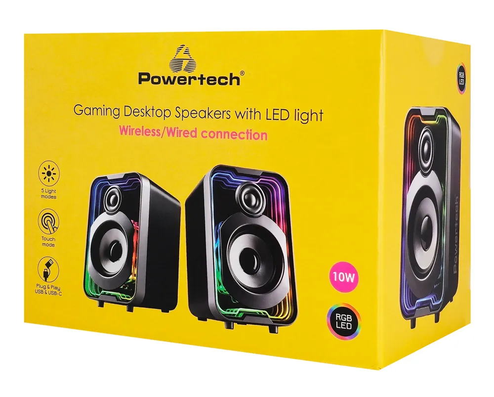 POWERTECH ηχεία PT-1575 με RGB φωτισμό, 2x 5W, Bluetooth & USB/USB-C, μαύρα