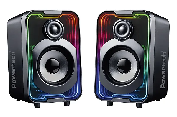 POWERTECH ηχεία PT-1575 με RGB φωτισμό, 2x 5W, Bluetooth & USB/USB-C, μαύρα