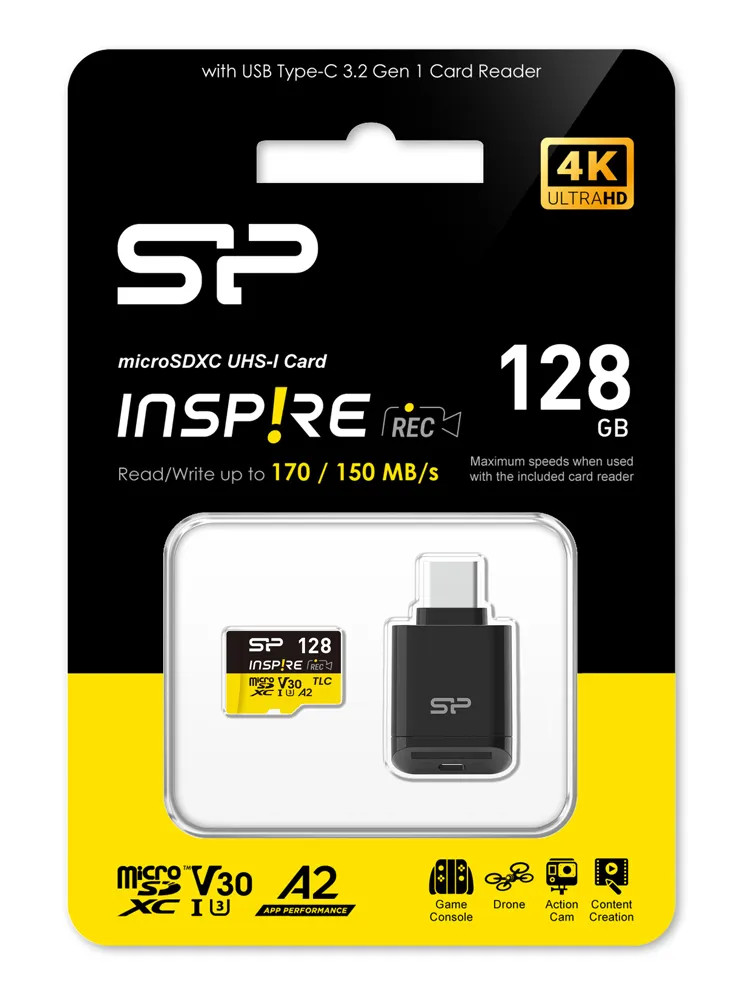 SILICON POWER κάρτα μνήμης microSDXC Inspire με card reader, 128GB, C10 UHS-I U3 V30 A2