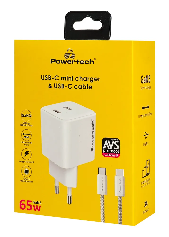 POWERTECH φορτιστής τοίχου PT-1577 με καλώδιο, USB-C, 65W, GaN, AVS, λευκός