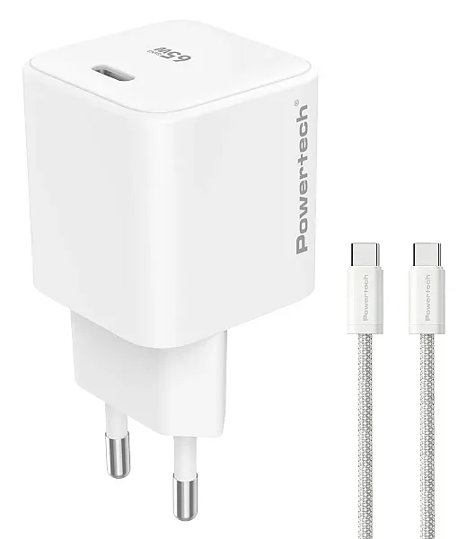 POWERTECH φορτιστής τοίχου PT-1577 με καλώδιο, USB-C, 65W, GaN, AVS, λευκός
