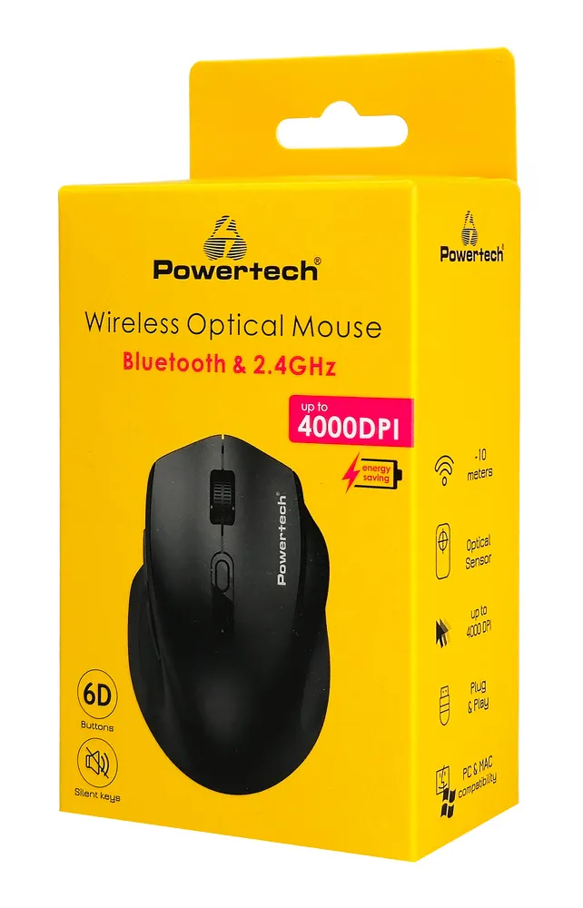 POWERTECH ασύρματο ποντίκι PT-1578, 2.4GHz & Bluetooth, έως 4000DPI, μαύρο