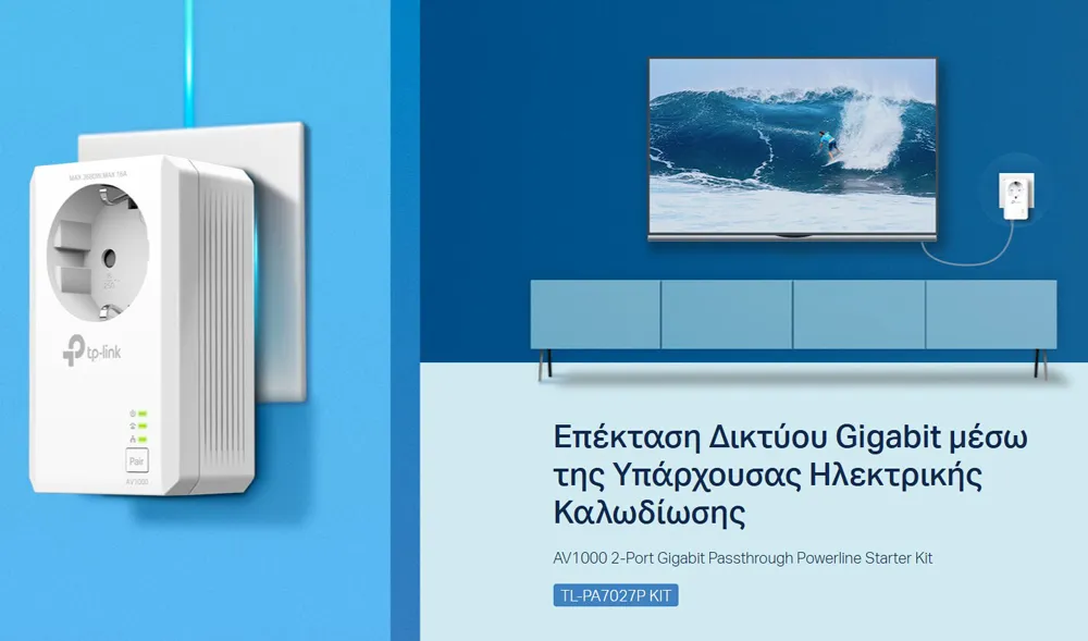 TP-LINK powerline kit TL-PA7027P KIT, passthrough, AV1000 1000Mbps, V1.0