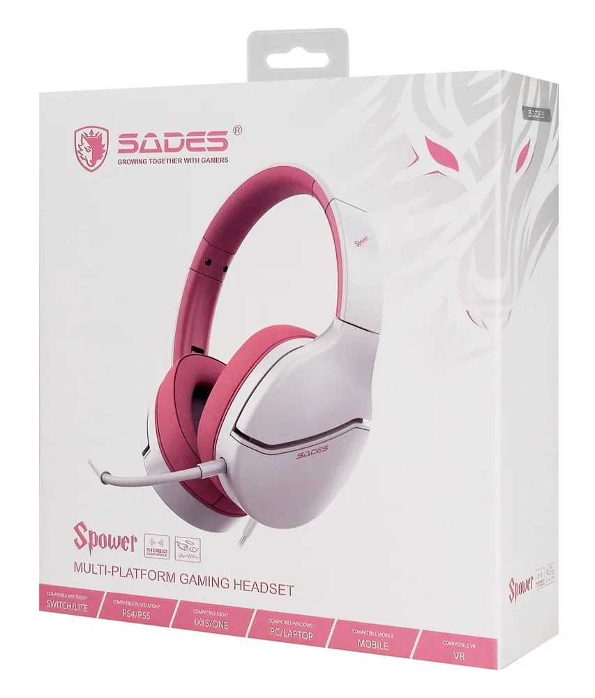 SADES gaming headset Spower, 3.5mm σύνδεση, 40mm, multi-platform, ροζ/λευκό