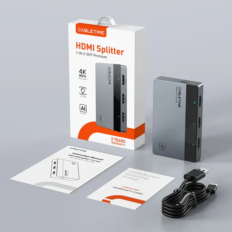 CABLETIME HDMI splitter CT-HSP4K2-AG, 1 σε 2, 4K/60Hz, uni-directional, γκρι