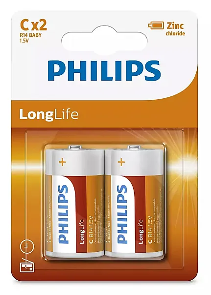 PHILIPS LongLife Zinc chloride μπαταρίες R14L2B/10, R14 1.5V, 2τμχ