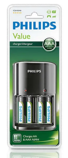 PHILIPS φορτιστής μπαταριών AA & AΑΑ NiMH SCB1450NB με 4x AAA, μαύρος