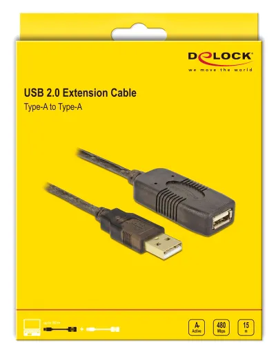DELOCK καλώδιο USB 2.0 αρσενικό σε θηλυκό 82689, active, 15m, μαύρο