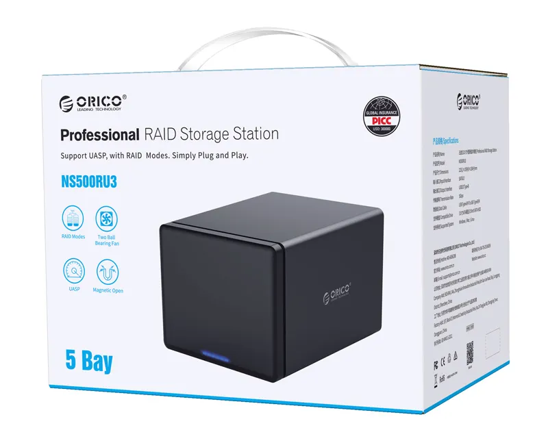 ORICO NAS για 5x 3.5" HDD NS500RU3 USB 3.0, 5Gbps, έως 80TB, μαύρη