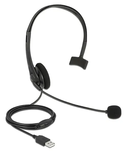 DELOCK headphones με μικρόφωνο 27177, mono, USB, volume control, μαύρα