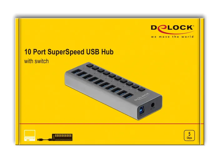 DELOCK USB hub 63670 με διακόπτες, 10x θυρών, 5Gbps, γκρι