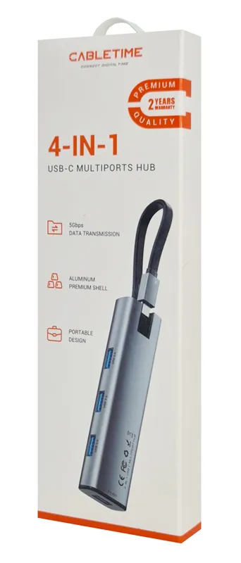 CABLETIME USB hub CT-HUBP4, 4x θυρών, 5Gbps, USB-C σύνδεση, γκρι