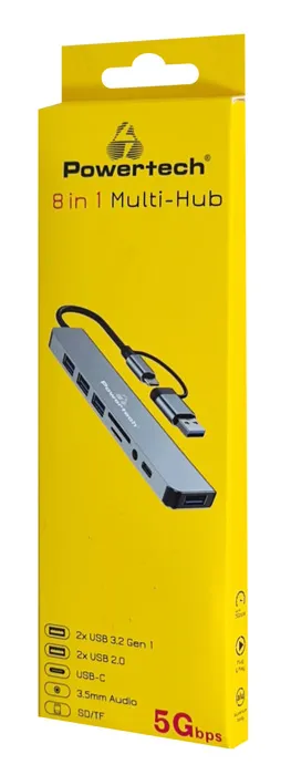 POWERTECH USB hub PTR-0151 με card reader, 8 θυρών, USB & USB-C, γκρι