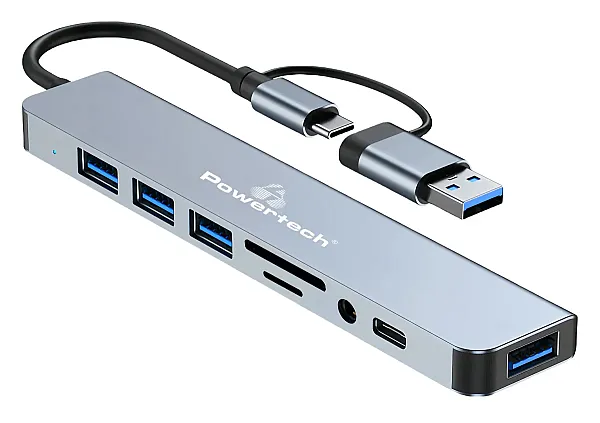 POWERTECH USB hub PTR-0151 με card reader, 8 θυρών, USB & USB-C, γκρι