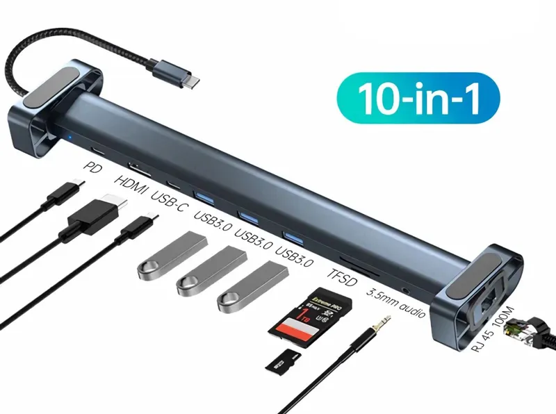 POWERTECH docking station PTR-0152, 10 θυρών, βάση laptop, USB-C, γκρι