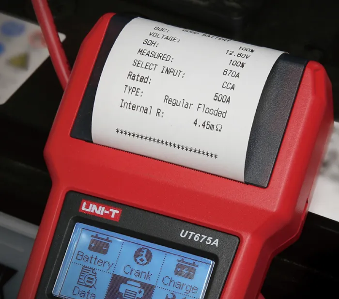 UNI-T tester μπαταρίας αυτοκινήτων UT675A με κροκοδειλάκια & εκτυπωτή