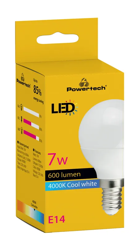 POWERTECH LED λάμπα mini globe E14-010, 7W, 4000K, E14, 600lm