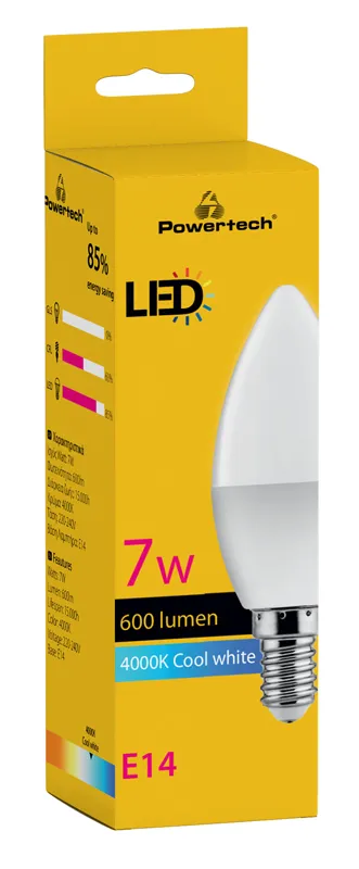 POWERTECH LED λάμπα candle E14-011, 7W, 4000K, E14, 600lm