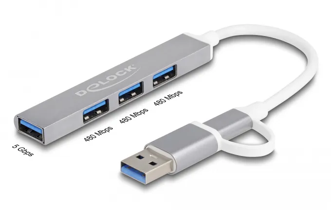 DELOCK USB hub 64214, 4x θυρών, 5Gbps, USB & USB-C σύνδεση, γκρι