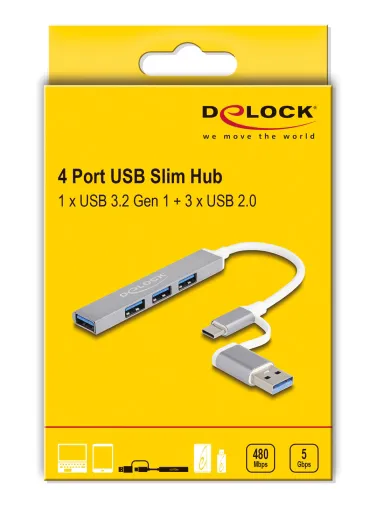 DELOCK USB hub 64214, 4x θυρών, 5Gbps, USB & USB-C σύνδεση, γκρι