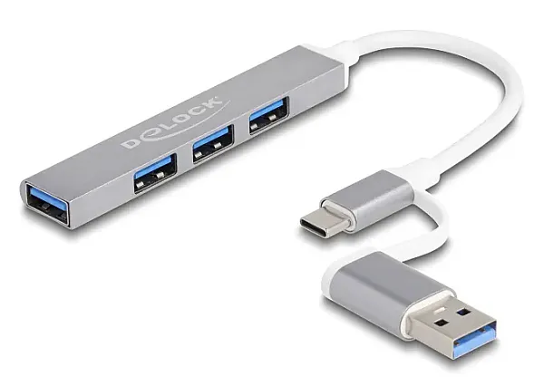 DELOCK USB hub 64214, 4x θυρών, 5Gbps, USB & USB-C σύνδεση, γκρι