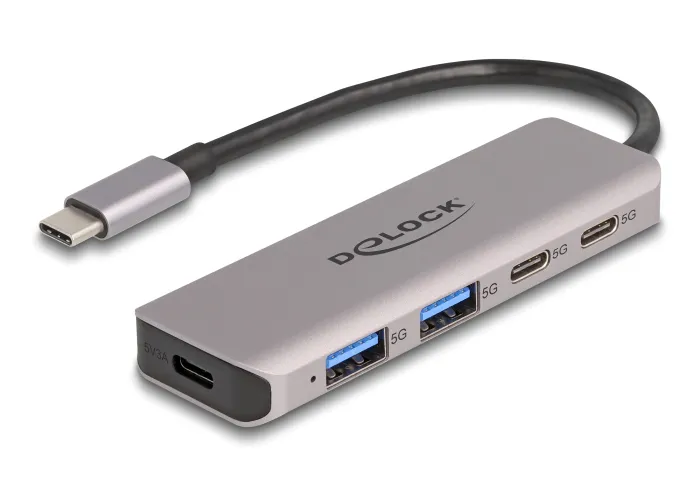 DELOCK USB hub 64239, 4x θυρών, 5Gbps, USB-C σύνδεση, γκρι