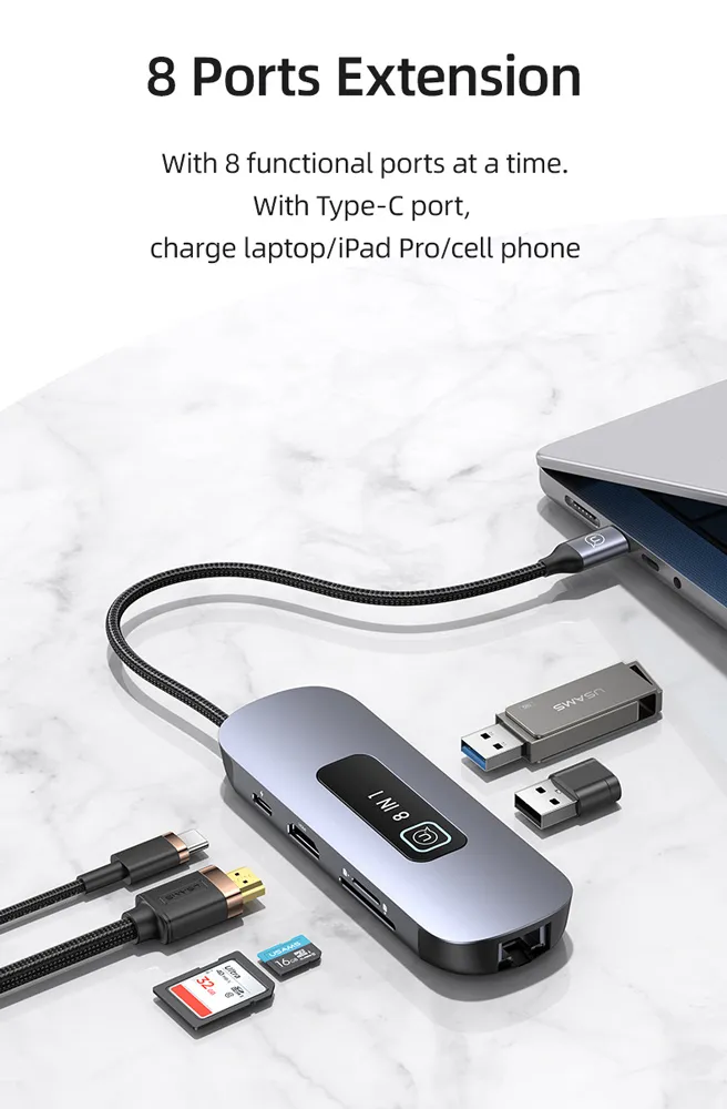 USAMS docking station US-SJ643, 8 θυρών, USB-C, 4K, 100W PD, LAN, γκρι