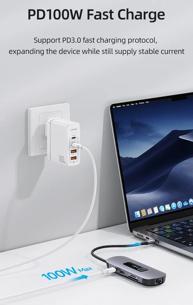 USAMS docking station US-SJ643, 8 θυρών, USB-C, 4K, 100W PD, LAN, γκρι