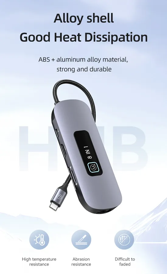 USAMS docking station US-SJ643, 8 θυρών, USB-C, 4K, 100W PD, LAN, γκρι