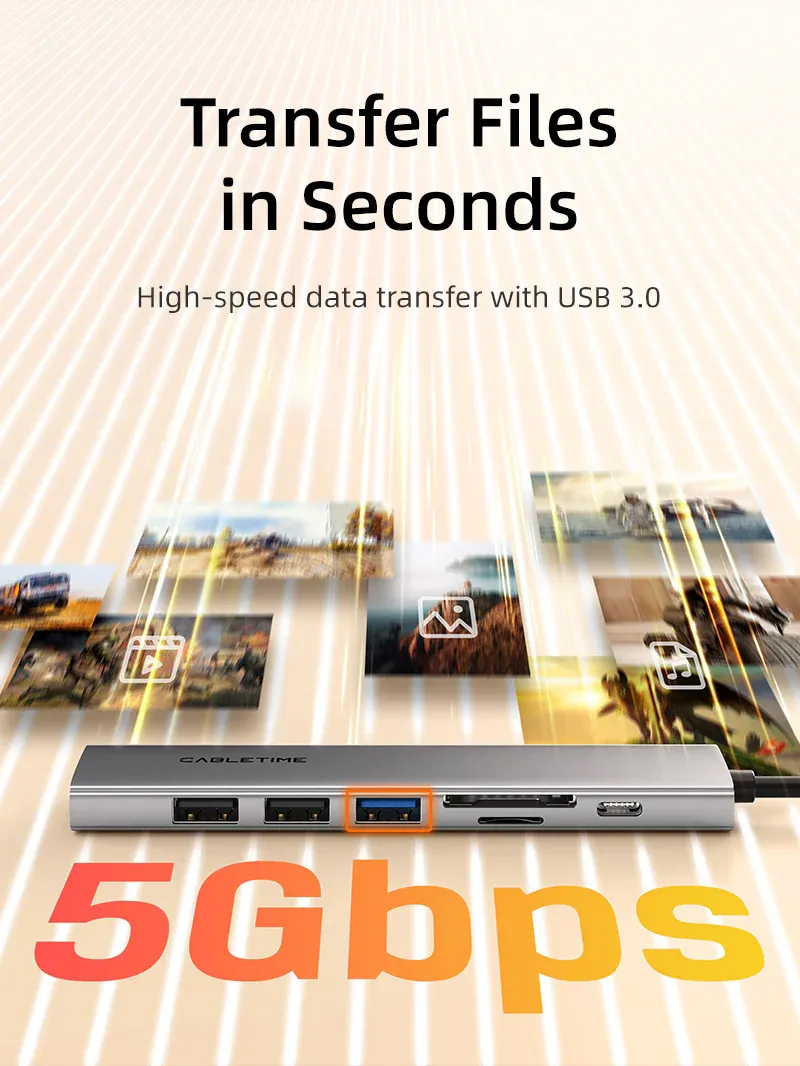 CABLETIME docking station CT-HBP2-AG7, 7 θυρών, USB-C, 4K, 100W, γκρι