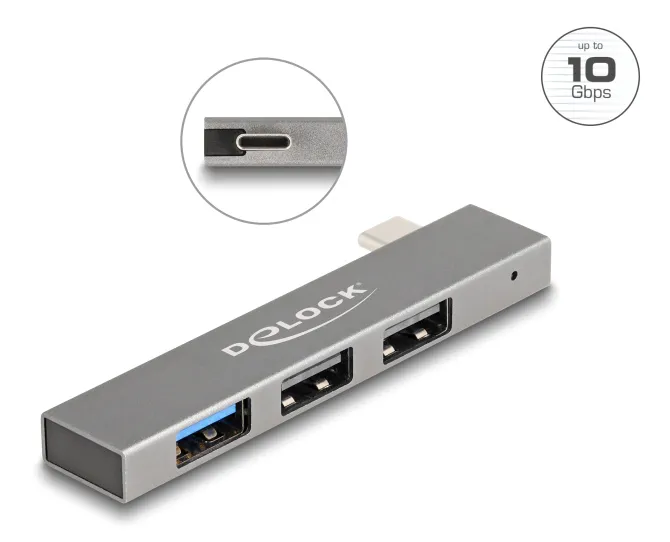 DELOCK USB hub 64274, 3x θυρών, 10Gbps, USB-C σύνδεση, γκρι