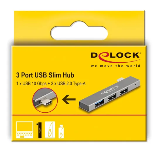 DELOCK USB hub 64274, 3x θυρών, 10Gbps, USB-C σύνδεση, γκρι