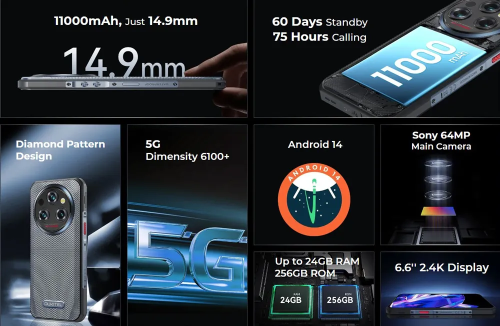 OUKITEL smartphone WP35, 6.6", 8/256GB, 5G, 11000mAh, IP68/IP69K, γκρι